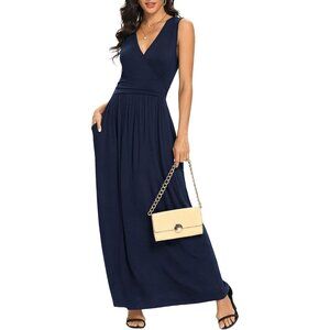 Women Navy Blue Deep V Neck Sleeveless Loose Plain Long Maxi Stretchy Dress